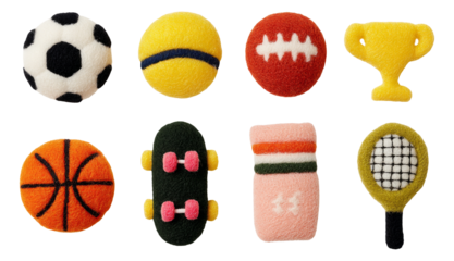 Plush Sports Balls and Accessories Collection on Transparent Background