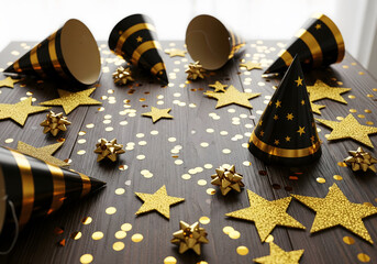 Black and gold party hats confetti and stars on a dark wood table