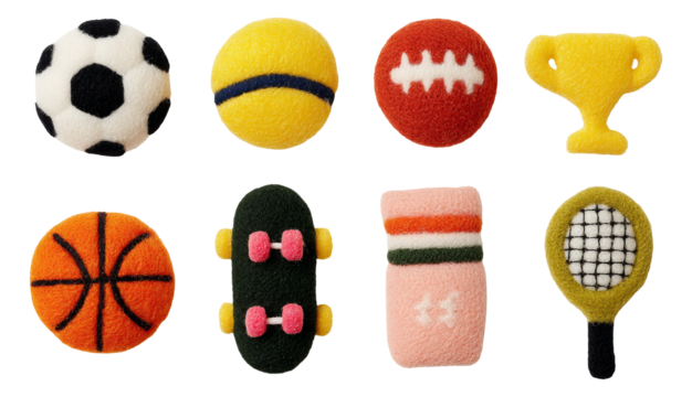 Plush Sports Balls and Accessories Collection on Transparent Background