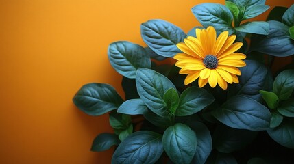 A stunning close-up shot of a vibrant yellow daisy with dark blue leaves, set against a striking orange background. This image symbolizes the beauty, vitality, and resilience of nature.
