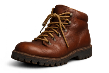 Brown leather hiking boot with laces and transparent background