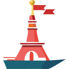 Stylized Red Lighthouse Tower with Flags on a Blue Boat Base Against a White Background Simple Geometric Design