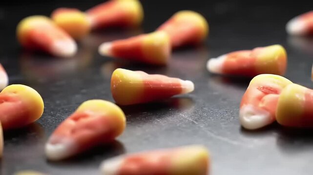 Candy Corn Scattered on Dark Background.