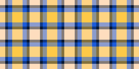 Classic plaid pattern with interweaving stripes in beige, yellow, blue, and gray. Textile design, seamless background, adaptable for fashion, backgrounds, or digital art.