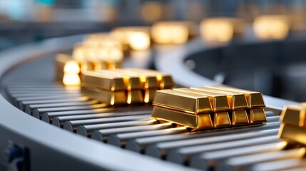 Naklejka premium Futuristic Assembly Line Conveyor with Glowing Finance Bars and Copy Space for Text