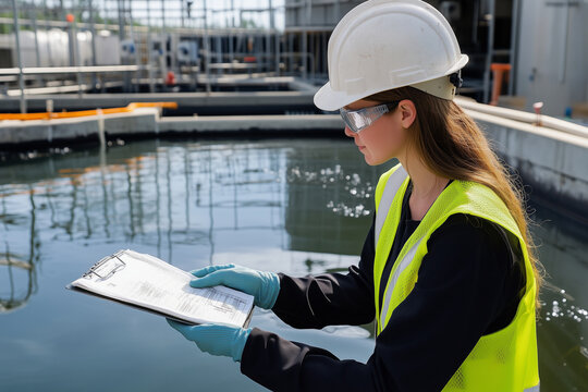 Scientist in protective gear analyzing water samples at a modern treatment facility, focusing on safety, purity, and environmental monitoring.