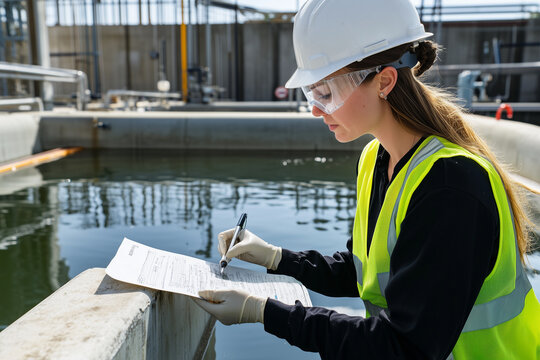 Scientist in protective gear analyzing water samples at a modern treatment facility, focusing on safety, purity, and environmental monitoring.
