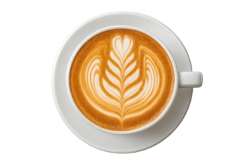 Latte art coffee drink in white ceramic cup