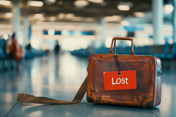 Stranded suitcase with a bright red lost tag standing in a busy airport terminal, symbolizing travel issues, missing luggage, and passenger assistance.
