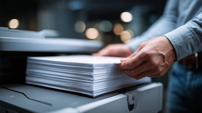 Close-up of Hands Placing Stack of Paper into Office Multifunction Printer and Copier Machine.