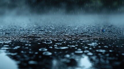 A macro shot capturing glistening water droplets on a wet surface, creating a reflective effect. A blurred background hints at a gentle rainfall, emphasizing the texture and beauty of the droplets.