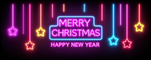 Hanging Neon Stars and Lights. Merry Christmas Happy New Year Greeting on Dark Party Background.