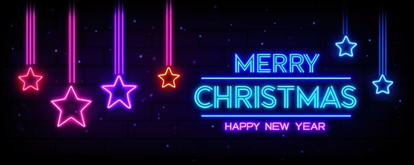 Hanging Neon Stars and Lights. Merry Christmas Happy New Year Greeting on Dark Party Background.