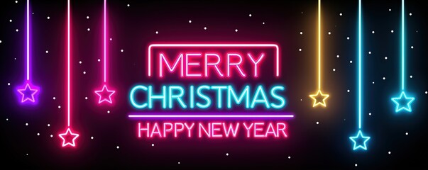 Hanging Neon Stars and Lights. Merry Christmas Happy New Year Greeting on Dark Party Background.