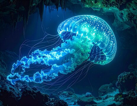 Creatura marina bioluminescente simile a una medusa.