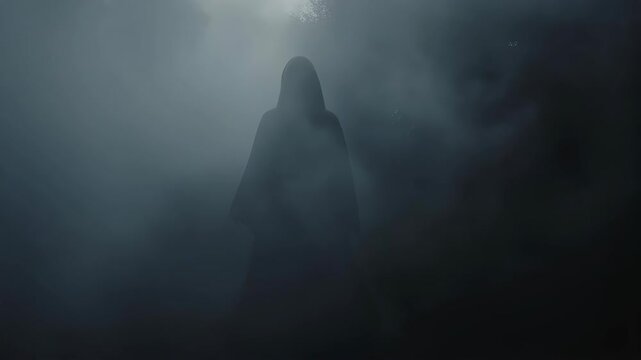 Mysterious Figure in Hooded Cloak Emerges from Foggy Forest