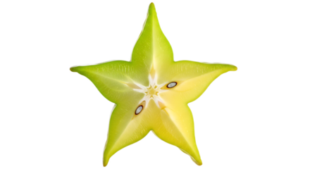 Close up of a sliced star fruit with seeds visible against a black background in a studio shot