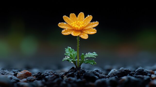 A vibrant yellow flower adorned with dew drops emphasizes new beginnings and hope. The dark background enhances the flower's brilliance and delicate details.