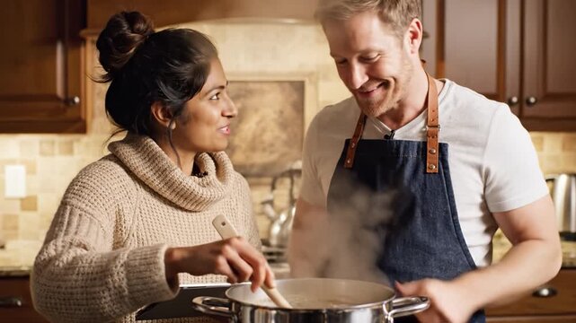Couple cooking together in cozy kitchen stirring steaming pot with wooden spoon warm home environment thumbs up casual clothing warm lighting wooden cabinets tiled backsplash