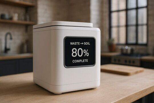 A modern smart composter on a kitchen countertop. The device displays an 80% completion status for composting waste into soil. The kitchen has a minimalist design. - Powered by Adobe