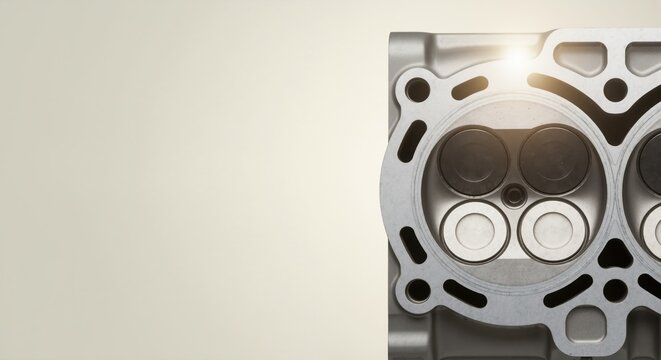 A close-up of a new car engine cylinder head with valves. Automotive spare parts for motor repair and service. Copy space for text - Powered by Adobe