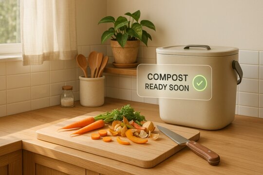 A kitchen scene featuring a smart composter on a countertop. Chopped vegetables like carrots and peppers are on a wooden cutting board. A plant is in the background.