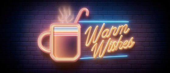 Minimalist Warm Wishes Neon Sign. Glowing Mug and Candy Cane on Dark Brick Wall Background. Christmas Holiday Banner.