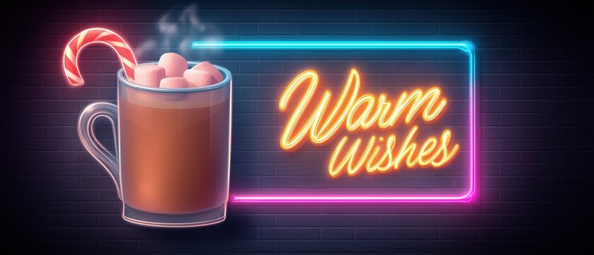 Warm Wishes Holiday Greeting Neon Sign. Glowing Hot Chocolate Mug with Marshmallows and Candy Cane on Dark Brick Wall. - Powered by Adobe