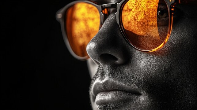 A detailed close-up portrait of a person wearing sunglasses, focusing on their nose and mouth. The image captures a subtle expression and the reflection in the lenses. - Powered by Adobe