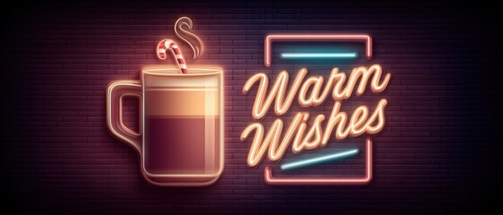 Warm Wishes Holiday Greeting Neon Sign. Glowing Hot Chocolate Mug with Marshmallows and Candy Cane on Dark Brick Wall.