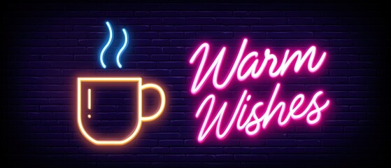 Minimalist Warm Wishes Neon Sign. Glowing Mug and Candy Cane on Dark Brick Wall Background. Christmas Holiday Banner.