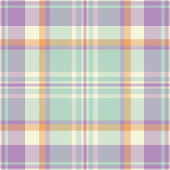 Soft pastel plaid pattern. A versatile textile design with intersecting lines in lavender, beige, mint, and orange. Ideal for backgrounds and creative projects.