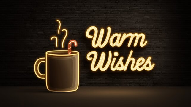 Minimalist Warm Wishes Neon Sign. Glowing Mug and Candy Cane on Dark Brick Wall Background. Christmas Holiday Banner.