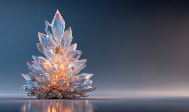 Abstract crystal tree radiating warm holiday light against a gradient background, symbolizing celebration, luxury, and festive elegance