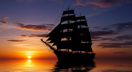 Fototapeta premium Tall sailing ship with full sails silhouetted against a colorful sunset over the ocean.