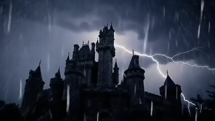 Castle in storm with rain, and lightning Dark fantasy. - Powered by Adobe