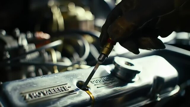 Checking engine oil level in a car.