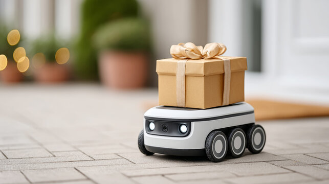Ai powered delivery robot with gift on doorstep for modern home convenience