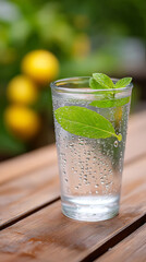 Refreshing cold beverage with water droplets on glass and mint leaf outdoors
