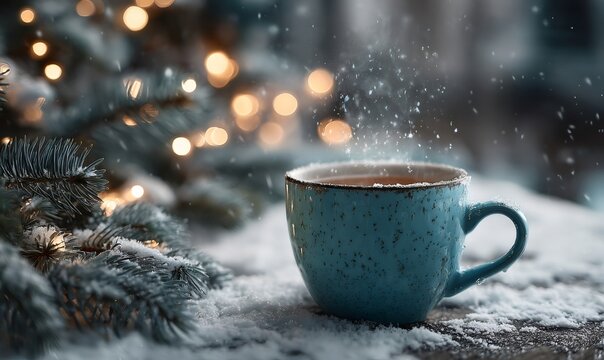 Steaming tea in a speckled blue mug surrounded by snow, fir branches, and blurred festive lights, creating a cozy winter concept