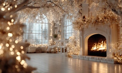 Warm living room decorated for christmas and new year holidays, featuring a burning fireplace and soft twinkling string lights