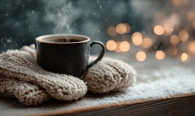 Steaming mug of coffee or hot chocolate warming knitted mittens on a snow-covered wooden table, with falling snow and bokeh lights