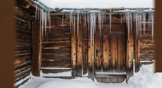 Rustic wooden log cabin door in winter with snow. Old weathered building exterior with frozen icicles hanging from the roof