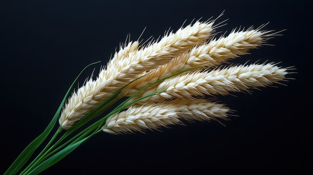 Detailed close-up shot of wheat ears, showcasing the rich green of the stems against a contrasting dark background. Highlights the texture and form of the grain.