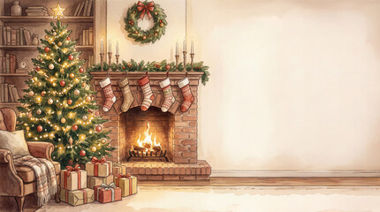 Cozy Christmas living room with decorated tree, warm fireplace, gifts boxes with a copy space for text ready for the holiday celebration