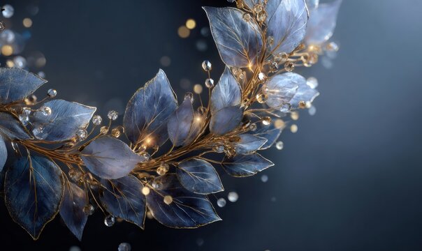 Elegant blue and gold wreath branch decorating dark background. Sparkling crystals and leaves compose a festive holiday scene