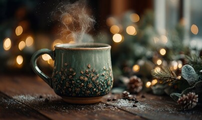 Warm mug of coffee or tea with steam rising on a rustic wooden table surrounded by festive winter holiday decorations