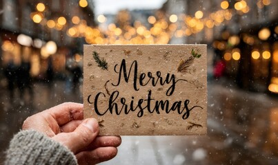 Hand holding a merry christmas greeting card outdoors with snow falling and warm festive street lights blurring in the background
