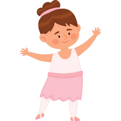 Young Girl In Pink Ballet Tutu And White Leotard Dancing Gracefully With Arms Outstretched On A White Background Isolated