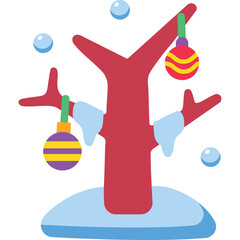 Stylized bare tree decorated with colorful Christmas ornaments in a winter snow scene with light blue accents and floating snow spheres on a transparent background